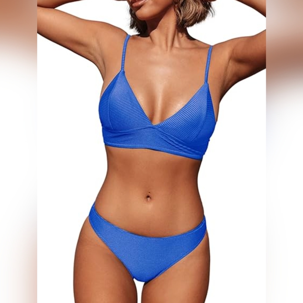 Cupshe Blue Ribbed Bikini Sz M